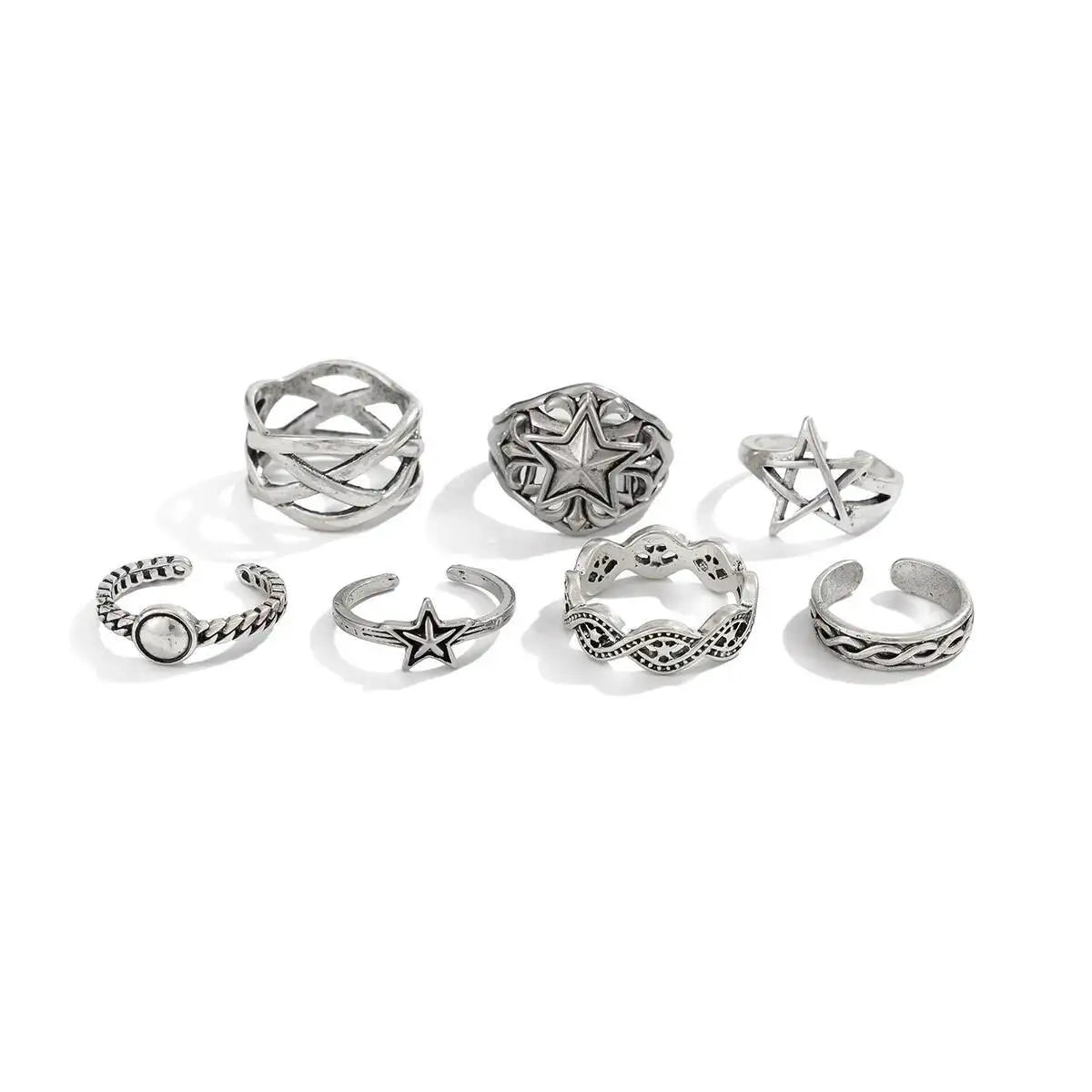 Ingemark 7Pcs/Set Goth Hollow Star Open Rings for Men New Trend Hip Hop Adjustable Finger Rings Grunge Jewelry Steampunk Gift