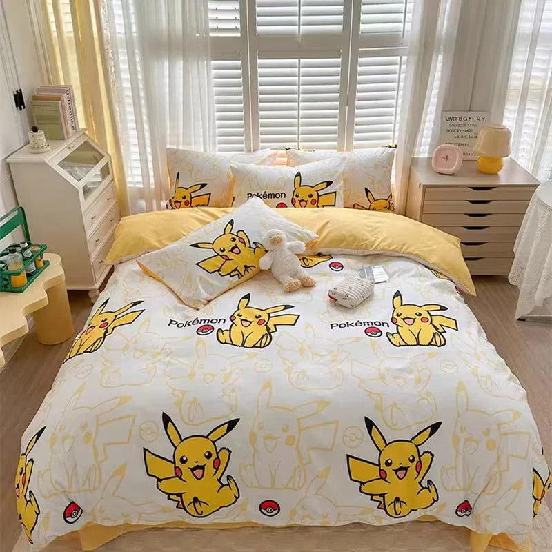 Pokemon Bedding Set Anime Pikachu 3D Duvet Cover Cute Polyester Bed Sheet Set Quilt Bedspread Set Children Comforter Bedding