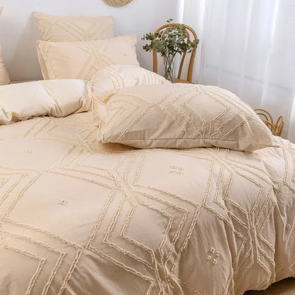 3PCS/set Khaki Tufted Duvet Cover Set Line Comforter Cover Geometric Bed Set Lightweight Down Bedding Set for All Season
