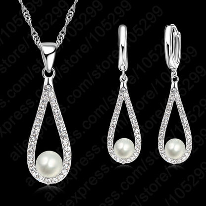 Fine 925 Sterling Silver Jewelry Sets Shiny Zircon Water Drop Pearl Pendant Necklaces Earring Set for Woman Wedding Gift