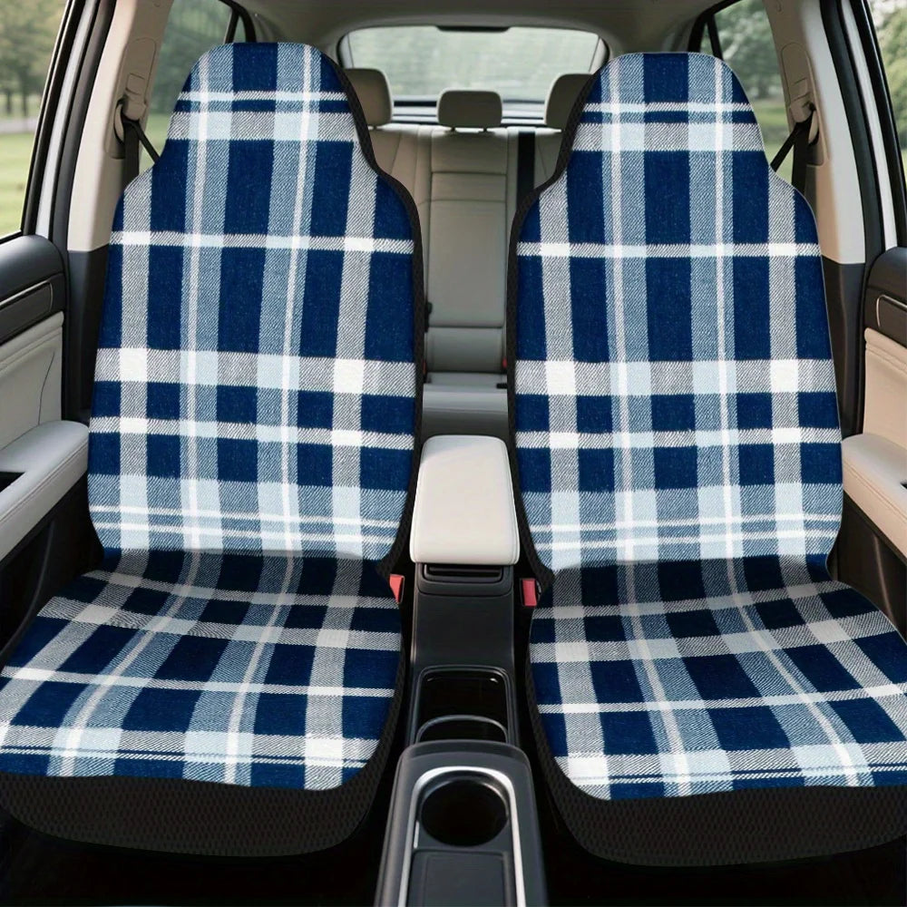 Set Of 2 Universal Car Seat Covers In Blue And White Plaid Design Suitable For Most Vehicles – Fashionable, Long-Lasting, Premiu
