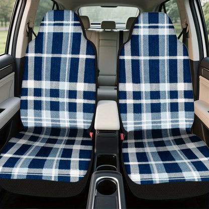 Set Of 2 Universal Car Seat Covers In Blue And White Plaid Design Suitable For Most Vehicles – Fashionable, Long-Lasting, Premiu