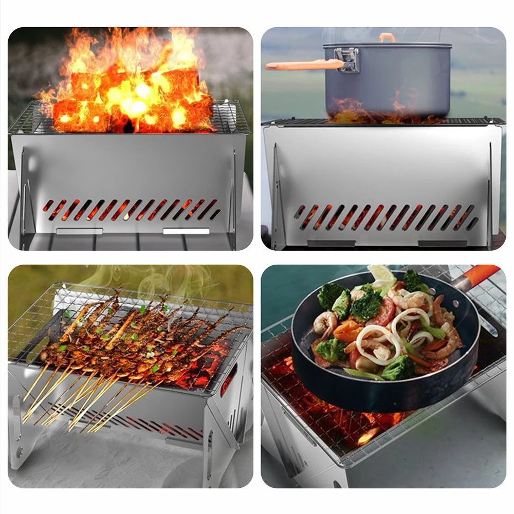Mini Backpacking Stove Portable Folding Barbecue Grill with Grill-Grid Stainless Steel Camp Stove for Outdoor