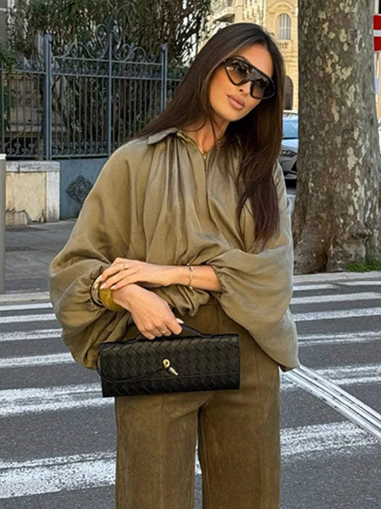 Pleated Zipper Green Oversize Jacket Women Long Lantern Sleeve Lapel Folds Elegant 2025 Spring Coat Street Commuter Lady Tops