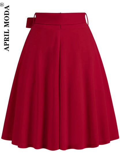 Red Women's High Waist A-Line Pockets Skirt Casual Summer Flared Midi Skirt 1950s Retro Swing Pinup Skirt Office Lady Workwear