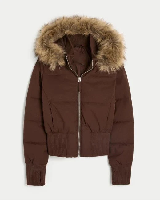 Fashion Faux Fur Hooded Quilted Coat For Women Casual Full Sleeve Zipper Pocket Cropped Jacket Lady 2025 Winter Street Outerwear