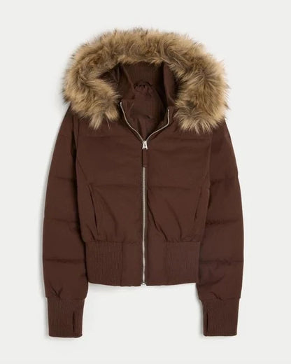 Fashion Faux Fur Hooded Quilted Coat For Women Casual Full Sleeve Zipper Pocket Cropped Jacket Lady 2025 Winter Street Outerwear