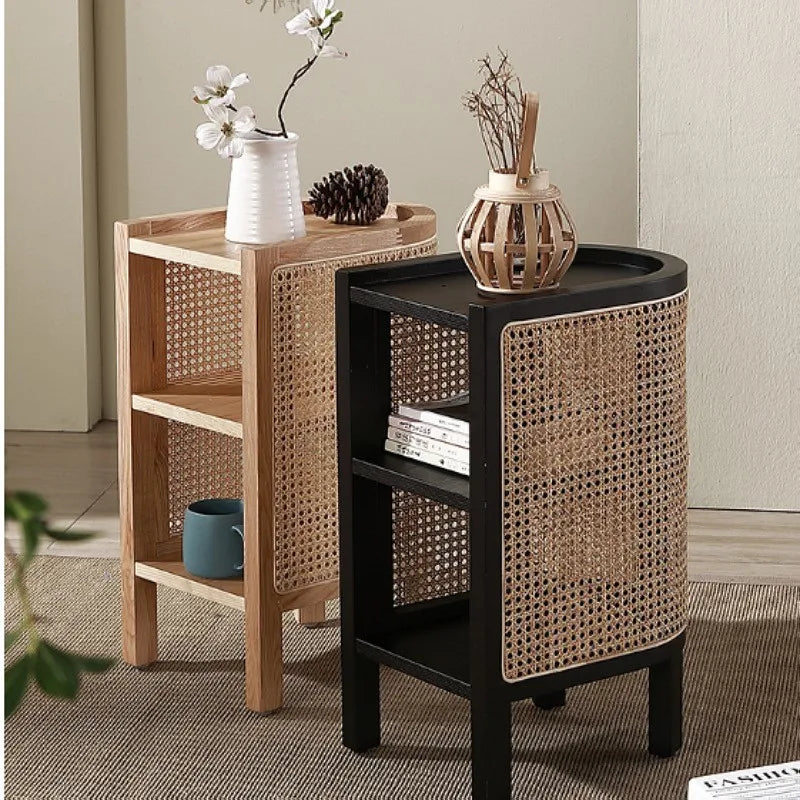 JOYLIVE Modern Minimalist Style Creative Home Homestay Hotel Bedroom Solid Wood Rattan Bedside Table Edge Cabinet Drop-shipping