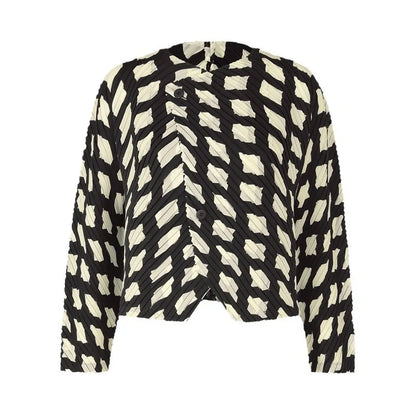 Miyake Pleated Twill Color Blocking Long Sleeved Jacket Women New Fashion Double Button Causal Short Coats
