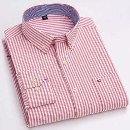 Men's Long Sleeve Oxford Dress Shirt 100% Cotton Plaid Checkered Chest Pocket Button Down Collar Casual Shirts