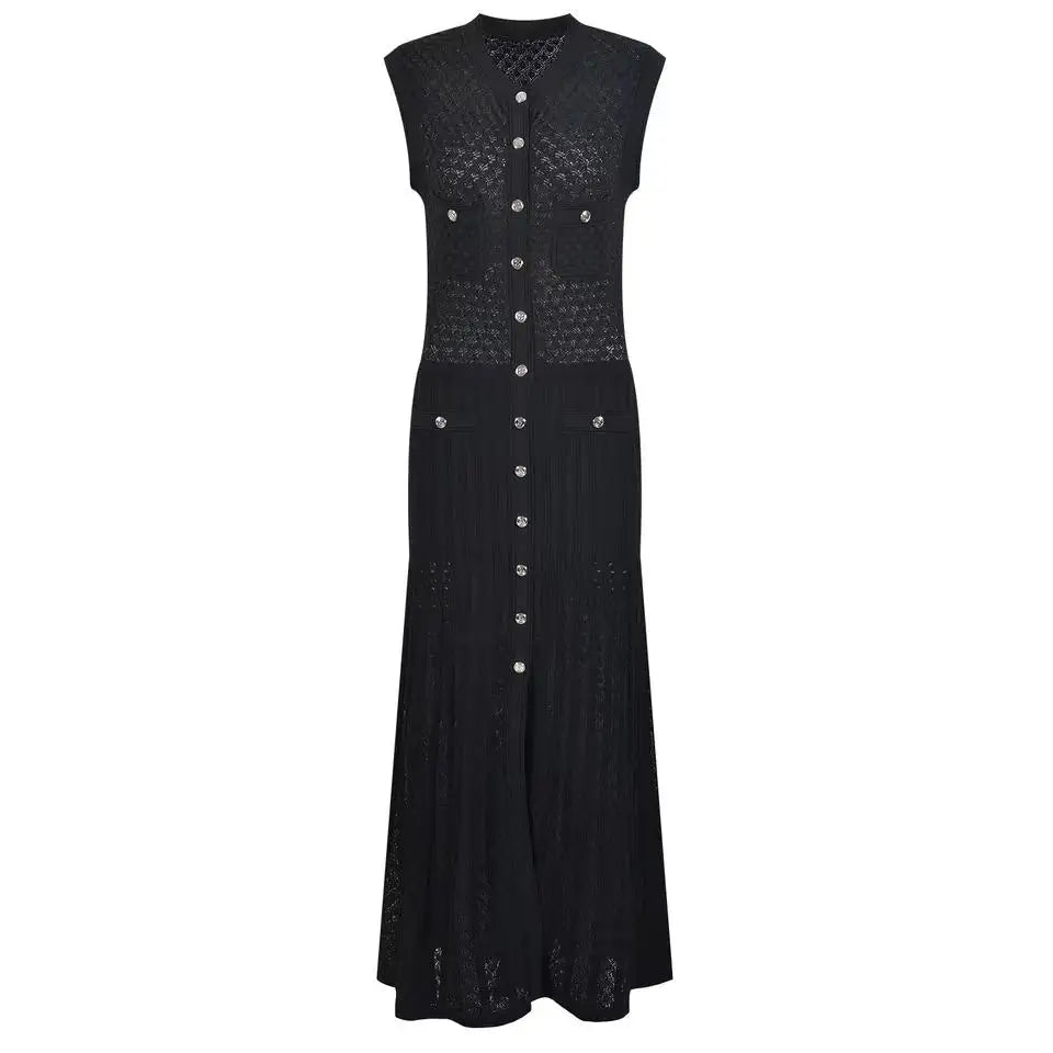 Ladies 2024 Summer Black Sexy Sleeveless O-neck Single Breasted Knit Dress Women Green Elegant Slim Fashion Pleated Long Dresses