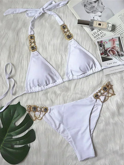 Halter Crystal Rhinestone Diamond Bikini 2025 Female Swimsuit Women Swimwear Two Pieces Bikini set Brazilian Bathing Suit Swim