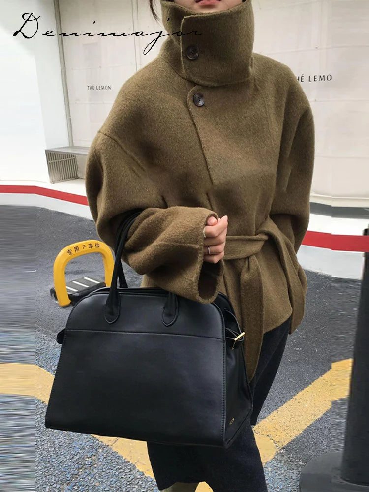 Elegant Women's Belt Stand Collar Woolen Coat Chic Single Breasted Full Sleeve Jacket 2025 Autumn Winter Lady Commute Streetwear