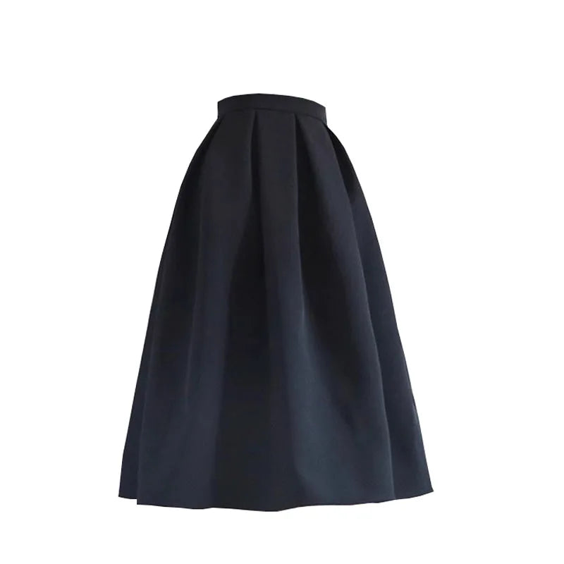 High Waist A-Line Midi Skirt Bla New Retro Pleated Fluffy f-length Spring Autumn Winter Seasonal Wear Polyester Fiber