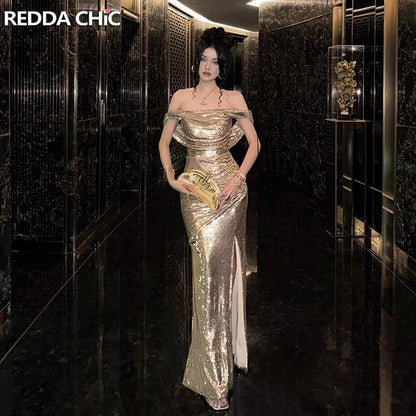 REDDACHiC Elegant Cowl Neck Women Glitter Dress Gold Sequin Maxi Long Backless Split Mermaid Bodycon Cocktail Party Evening Gown