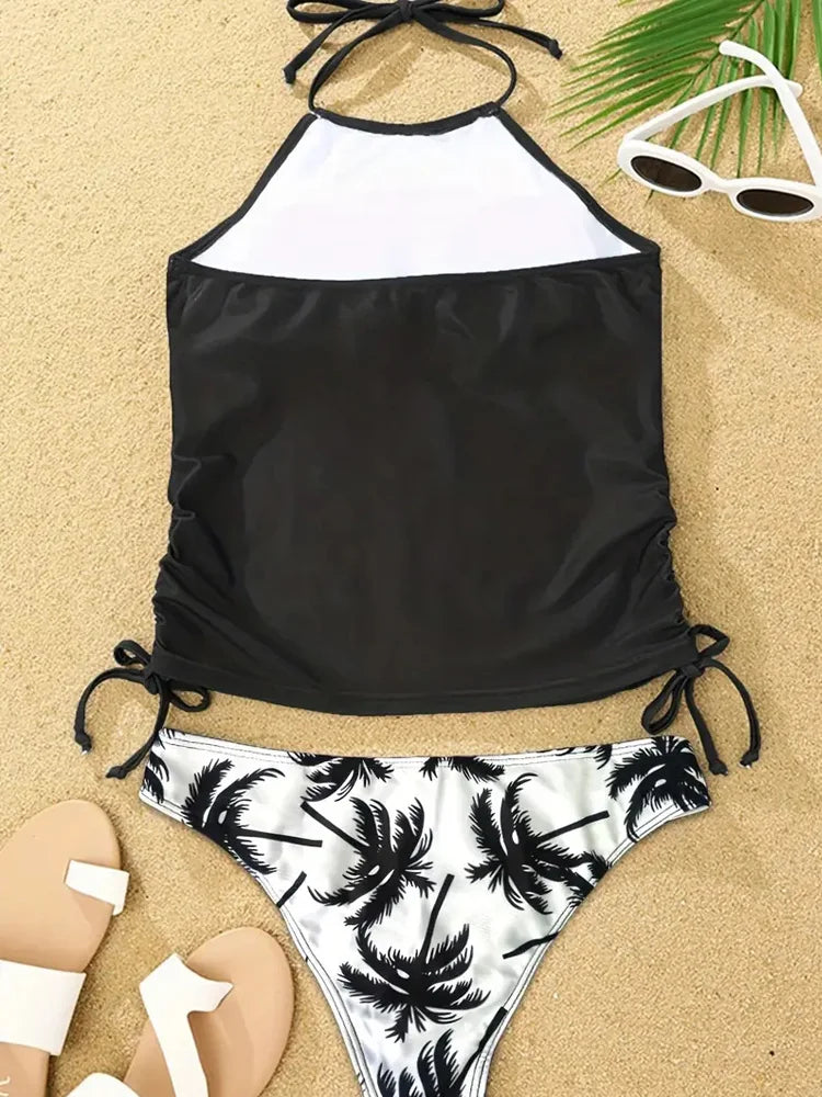 Vigoashely 2025 Sexy Solid Print Tankini Set Tied Halter Swimsuit Women Swimwear Biquinis Summer Backless Beach Bathing Suit
