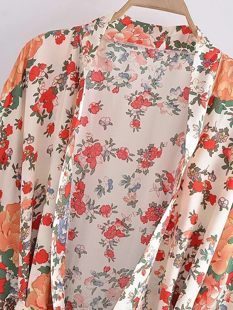 Multi Floral Print Rayon Bohemian Kimono wedding robe Women Batwing Sleeves Happie Short Robe Boho  Bridesmaid Cover-ups