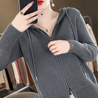Classic hoodie Women Knitwear 100% All cotton Cardigan Fashion Sweater Long sleeves Double Zipper Style Thick Warm Basics Tops