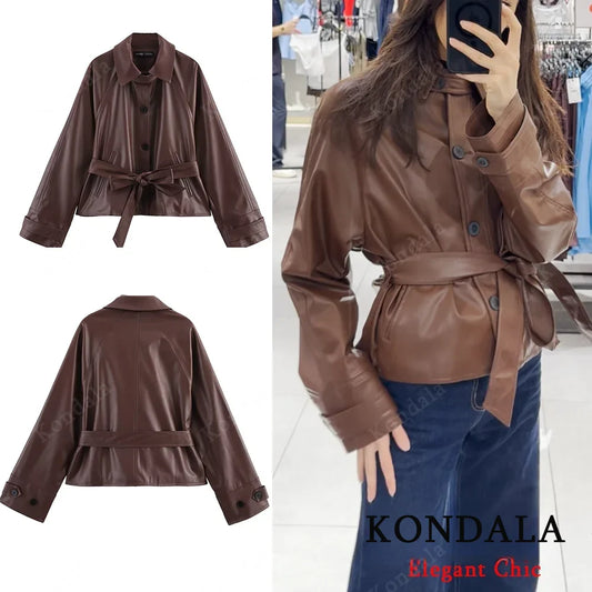 KONDALA Women Stylish Imitation Leather Short Trench Coat With Belt 2025 New Spring Fall Fashion Commuter High Street Jacket