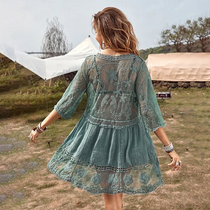 AYUALIN Floral Embroidery Loose Sexy Bikini Tunic Vintage Deep V-neck Boho Lace Cover-Ups Women Summer Mini Robe 2025 Beach Wear
