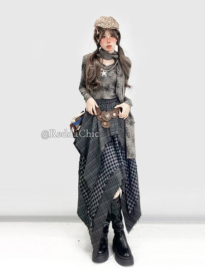 REDDACHiC Big Size Asymmetrical Plaid Skirt Retro Punk Raw Edge Irregular Patchwork Elastic Waist Long Skirt Women Acubi Fashion