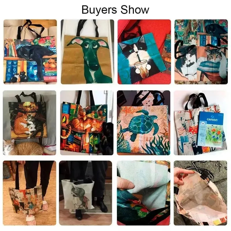 Large Capacity Tote Bag Turtle Print Traveling Shoulder Bags Eco Linen Shopping Bags For Women With Print