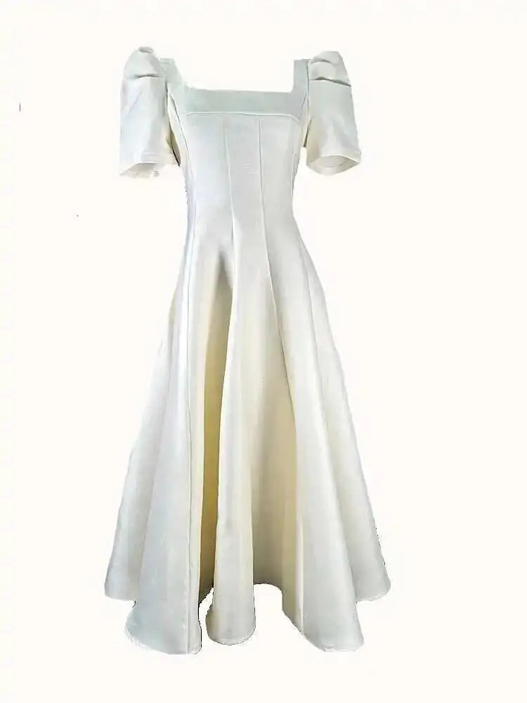 JAMERARY Summer Women Dress Long French Hepburn Style Fashion Party Elegant Square Collar Short Sleeve Midi Vestidos Party Robe