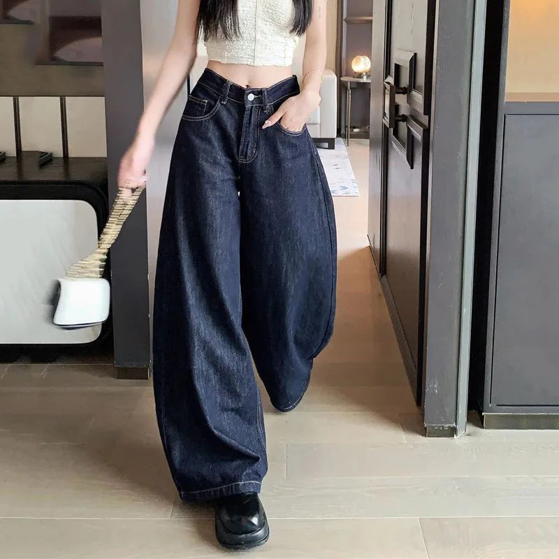 Lucyever Vintage Washed Wide Leg Jeans Women Deep Blue High Waist Baggy Y2K Denim Pants Lady Streetwear Casual Straight Trousers
