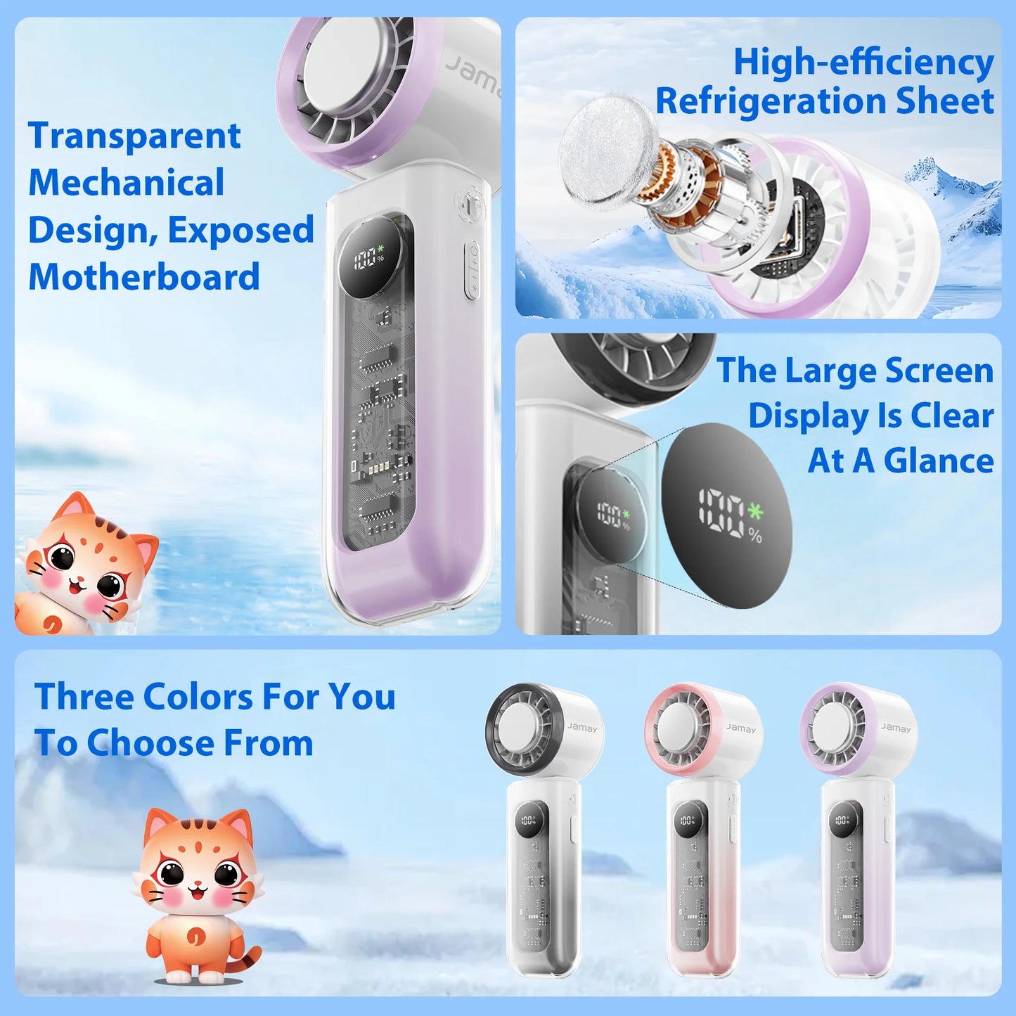 Portable Handheld Fan Transparent Design LED Digital Display 100 Gear Strong Wind Speed 135°Foldable 24-hour Battery Life F27