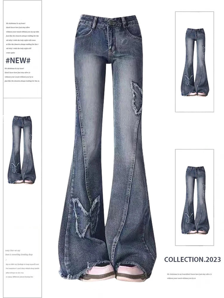 Women's Blue Flare Jeans Baggy Vintage 90s Aesthetic Low Waist Cowboy Pants Harajuku Denim Trousers Y2k Trashy Emo 2000s Clothes