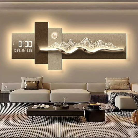 Modern Living Room Decoration Painting With Mountain Backed Led Clock Wall Lamp Painting Sofa Background Wall Hanging Painting