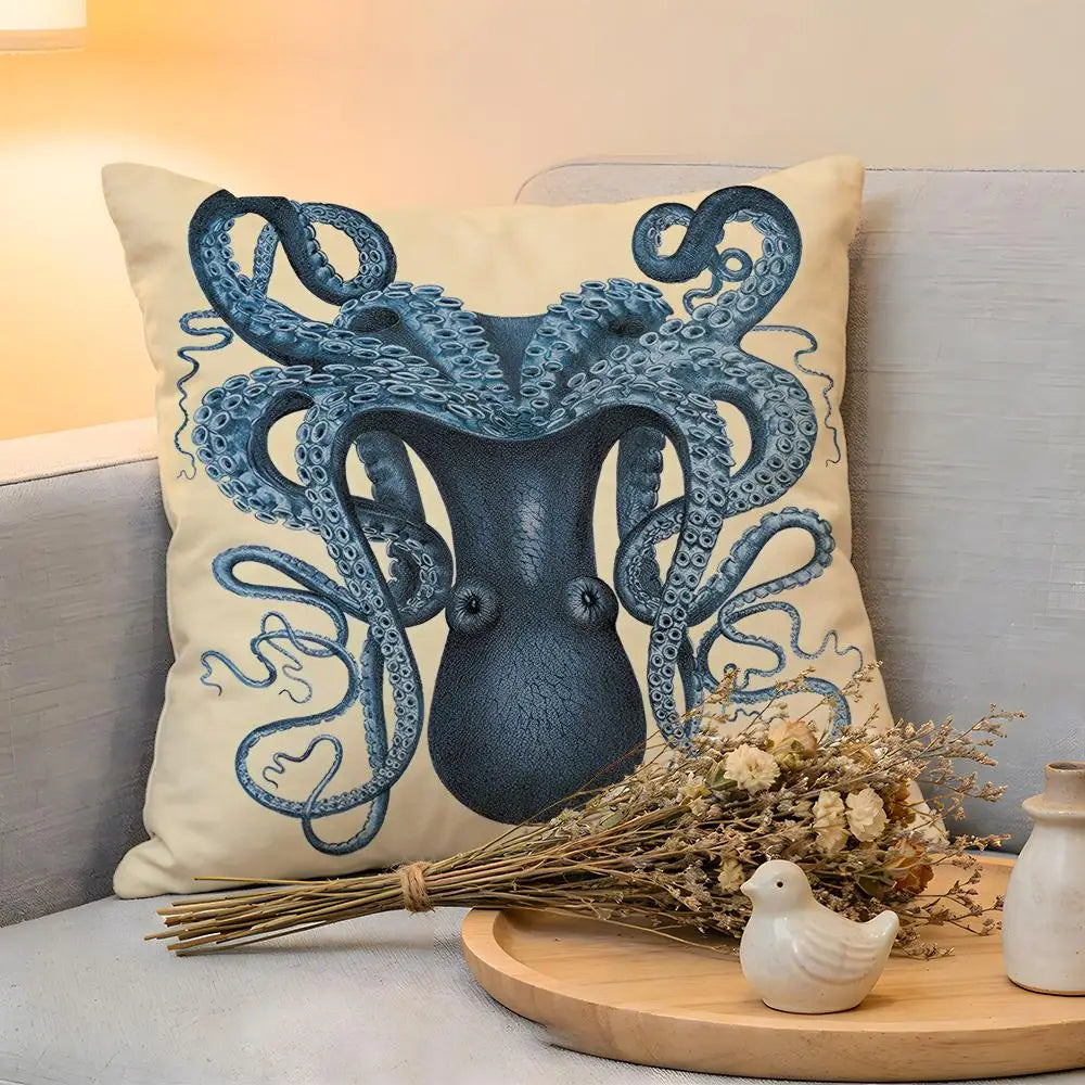 Cushion Cover  Linen  Skin-Friendly Soft Decorative Case For Sofa Home Decor Blue Sea Creature Coral Shrimp Pillow cover