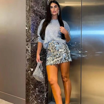 HXAO Women 2024 Sequin Dance Skirt Women's Skirt Summer High Waist Mini Skirts Shiny Silver Black A Line Skirt Chic Sexy Skirts