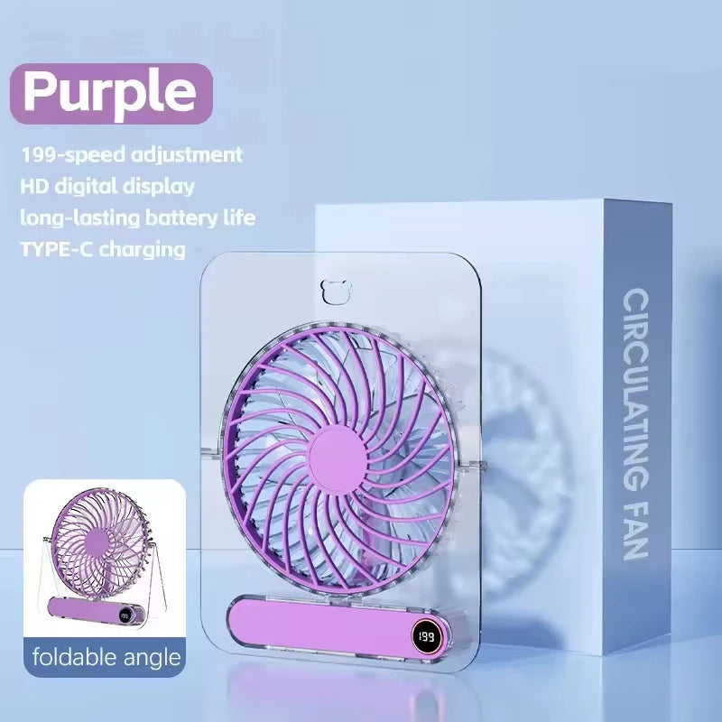 Lenovo Foldable Table Fan for Home Rooms Compact Mini Portable Digital Display 199-Speed Stepless Adjustment USB-Rechargeable