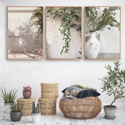 Scandinavian Simple Bohemian Wall Art Spanish Architecture Green Leaves Reeds HD Canvas Painting Poster Print Home Decor Gift