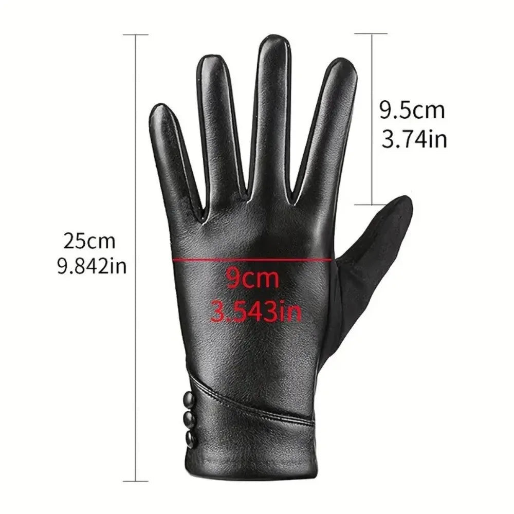 Simple Solid Color Full Finger Mittens Button Thickened Women Leather Gloves Windproof Keep Warm Touch Screen Gloves Outdooor