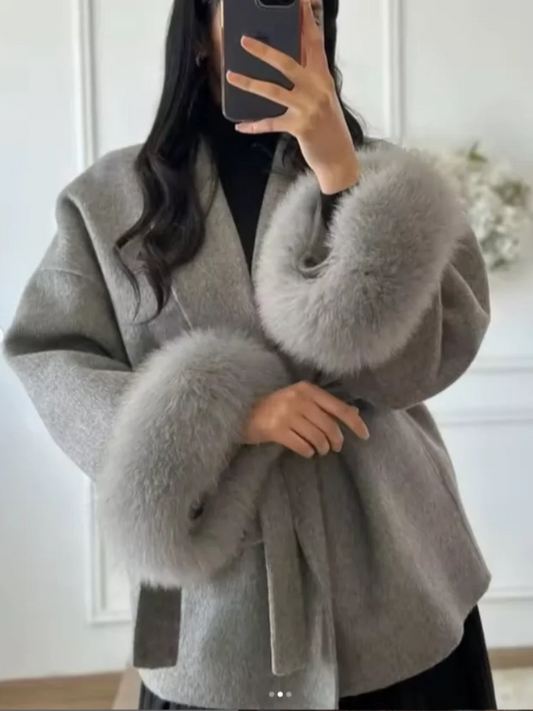 Elegant Lace Up Woolen Short Coat Solid Loose Lapel Furry Belt Long Sleeve Female Jacket 2026 Spring Autumn Lady Chic Cardigan