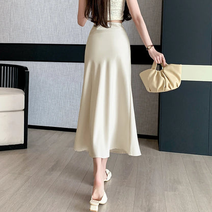 Wine Red Streetwear Summer Satin Trumpet Skirt For Women High Waist Casual Elegant Fashion Long Mermaid Skirts Female
