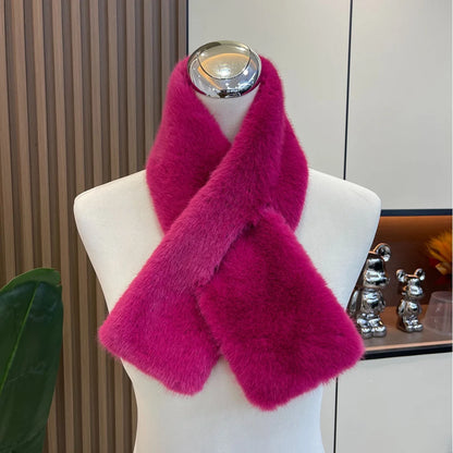 Plush Cross Women's Scarf Winter Thickened Soft Furry Neck Warmer Cute Solid Color Faux Rabbit Fur Scarf Women Collar Scarf New