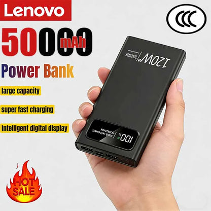 Lenovo 50000mAh Large Capacity Power Bank 120W Fast Charge LED Digital Display External Battery Universal charge Travel Outdoor