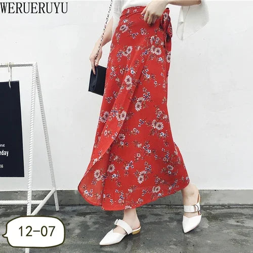 WERUERUYU Wrap Skirts Women Casual Chiffon Tie-Waist Ruffle Wide Leg Loose