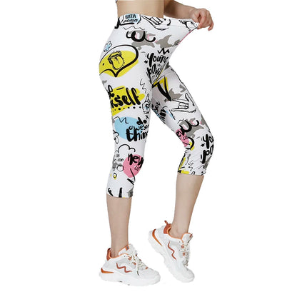 K471 Summer Capris Leggings, White Yellow Letters, Cloud Printed Capris, Soft and Elastic Casual Sportswear for Women