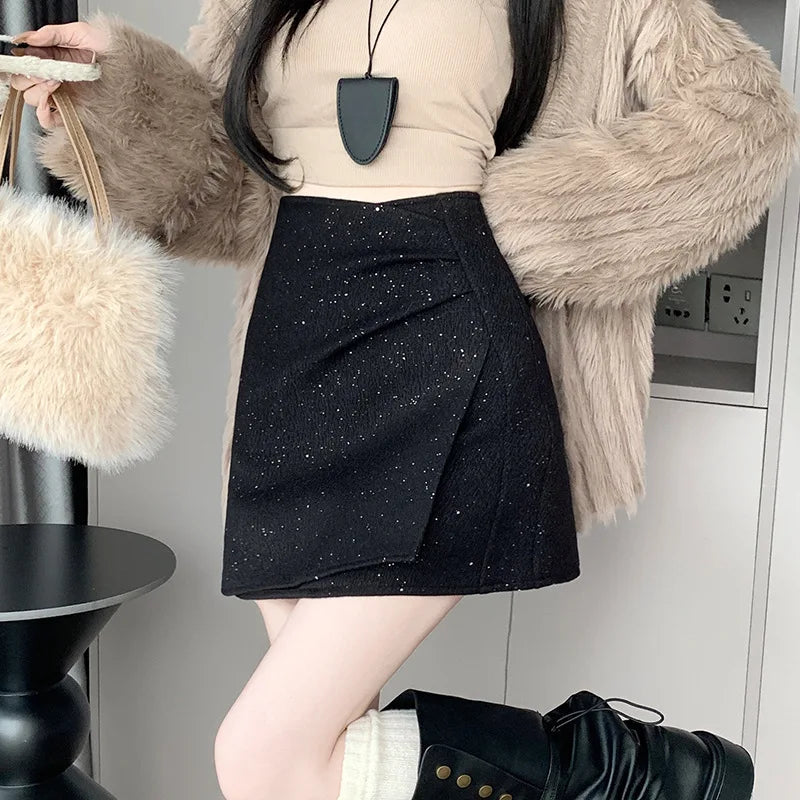 Shiny Sequin A- Line Mini Skirt High Waist Anti-Light Woolen Women's Fashionable Autumn Winter Short Skirt Polyester Blend