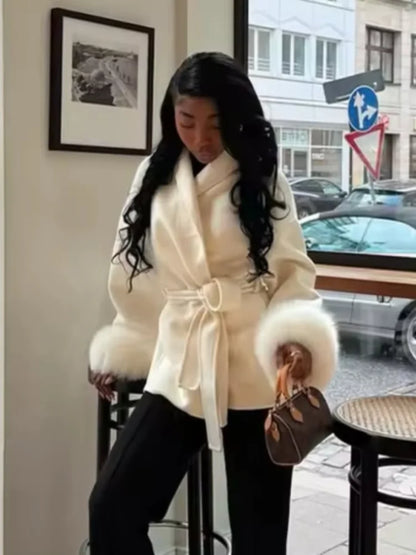 Elegant Lace Up Woolen Short Coat Solid Loose Lapel Furry Belt Long Sleeve Female Jacket 2026 Spring Autumn Lady Chic Cardigan