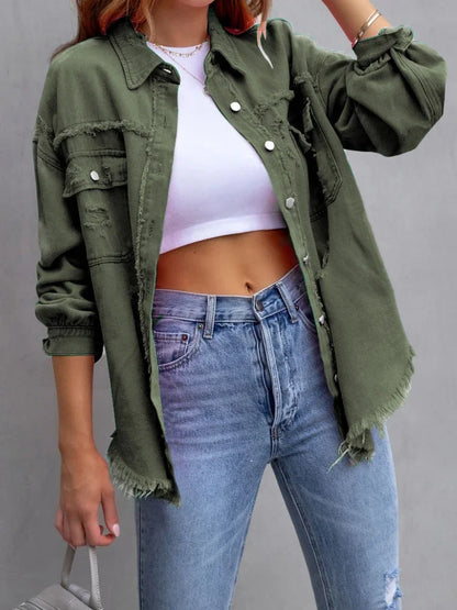 Spring Autumn Denim Women's Jacket Rough Selvedge Ripped Loose Fit Long Sleeve Korean Fashion Female Top