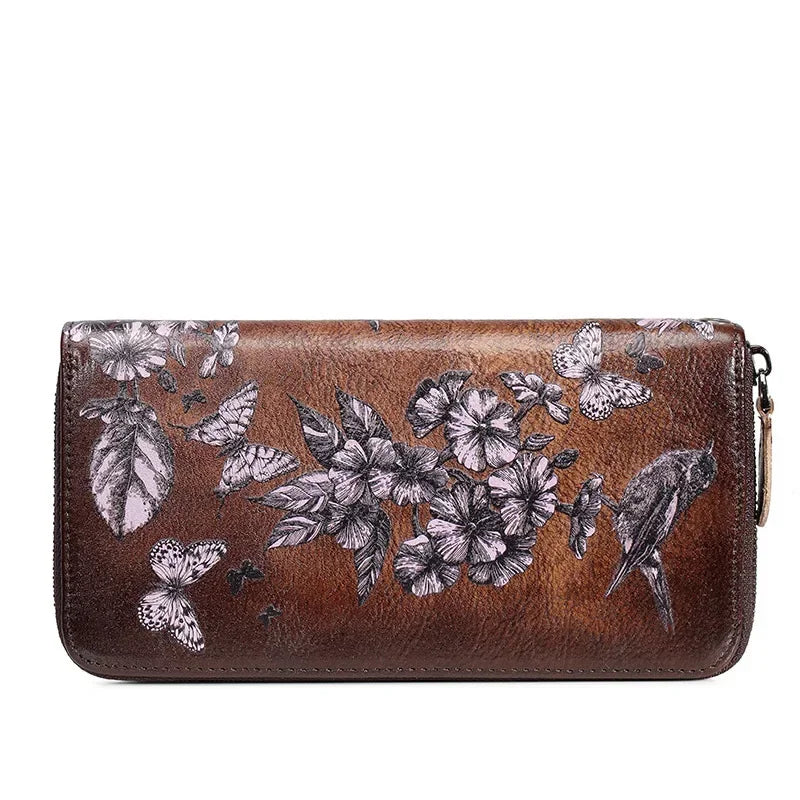 Genuine Leather Women Wallet  Coin Purse Female Purse Flower Printed Long Clutch Bags  Womens Wallets And Purses  Carteira