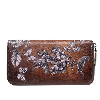 Genuine Leather Women Wallet  Coin Purse Female Purse Flower Printed Long Clutch Bags  Womens Wallets And Purses  Carteira