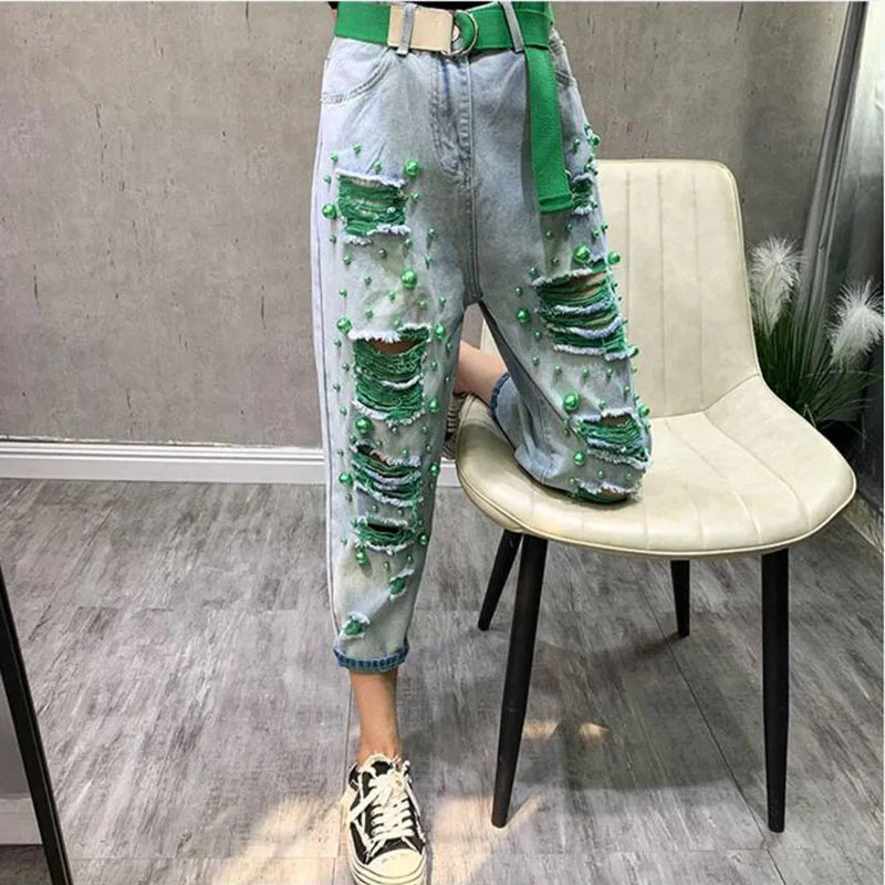 Spring Summer Hole Plus Size Jiufen Jeans Fashion Harem Pants Light Blue Loose Slim Flower Casual Temperament  Denim Pants