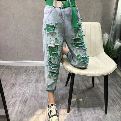 Spring Summer Hole Plus Size Jiufen Jeans Fashion Harem Pants Light Blue Loose Slim Flower Casual Temperament  Denim Pants