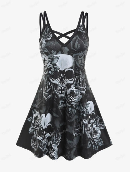 ROSEGAL Halloween 3D Printed Dresses Plus Size Crisscross Skull Print Dress Summer Casual Sleeveless Vestidos 5XL